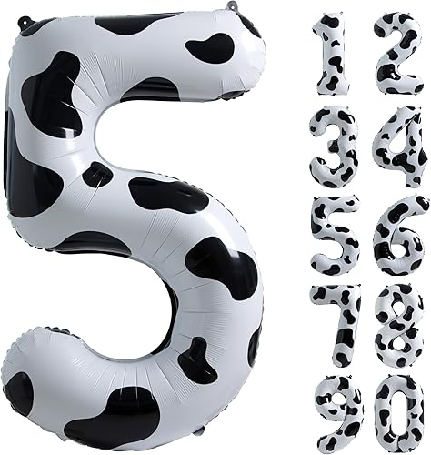 Suministros de decoración de cumpleaños de globos con estampado de vaca, globo número 5 de 40 pulgadas, globos de número temático de vaquera para
