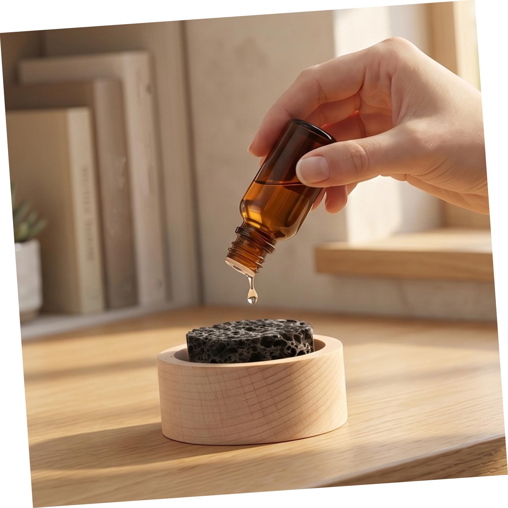 4 Stück Runde Aromatherapie Diffusor Steine aus Vulkanstein und Holz ohne Strom für Ätherische Öle im Büro und Badezimmer rutschfest und Dekorativ