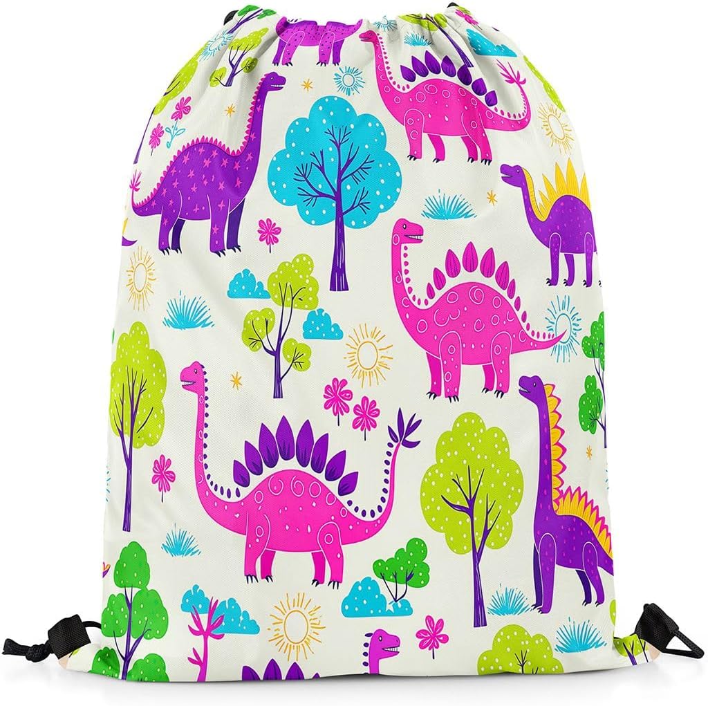 Castle Fairy Cute Dino Drawstring Backpack, Sackpack for Gym Sports,Floral Leaves Plant Luxury Water Resistant String Bag for Women Men,Pink Beach Bag 13"X16"