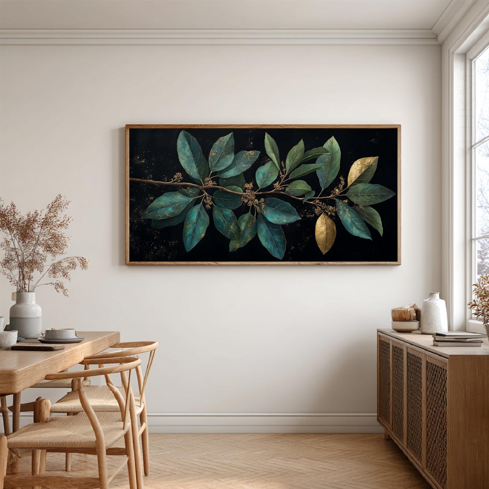 YLHKME Bilder Auf Leinwand, Abstrakt Blätter Gold Grün Leinwandbilder Kunstdruck Wandbilder Für Wohnzimmer Schlafzimmer Wohnkultur Deko (80X160CM,A-Ungerahmt)