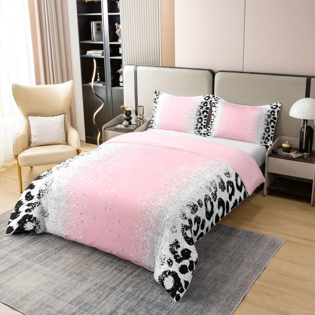 Ombre Pink 100% Cotton Duvet Cover Queen, Pink Silver Leopard Glitter Bedding Set for Kids Glam Glitter Art Comforter Cover Boys Girls Bling Shiny (Not Glitter) Bedspread Cover with 2 Pillow Case