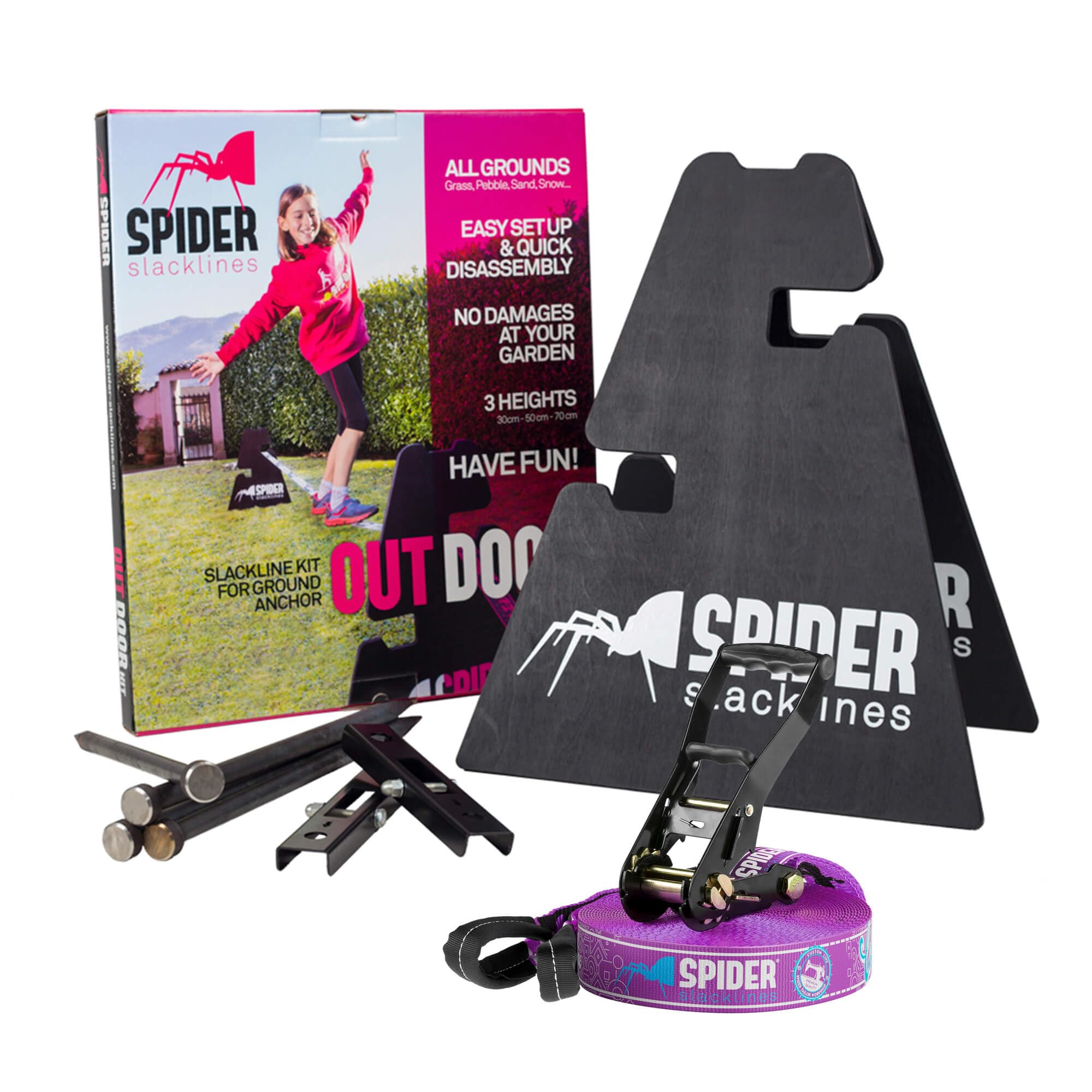 Kit d'extérieur personnalisé Slackline pour débutants - pour Utilisation sans Arbres - Comprend : 1 Ligne, 2 tréteaux, 2 plaques, 4 Clous et Manuel - Kit de 20 mètres