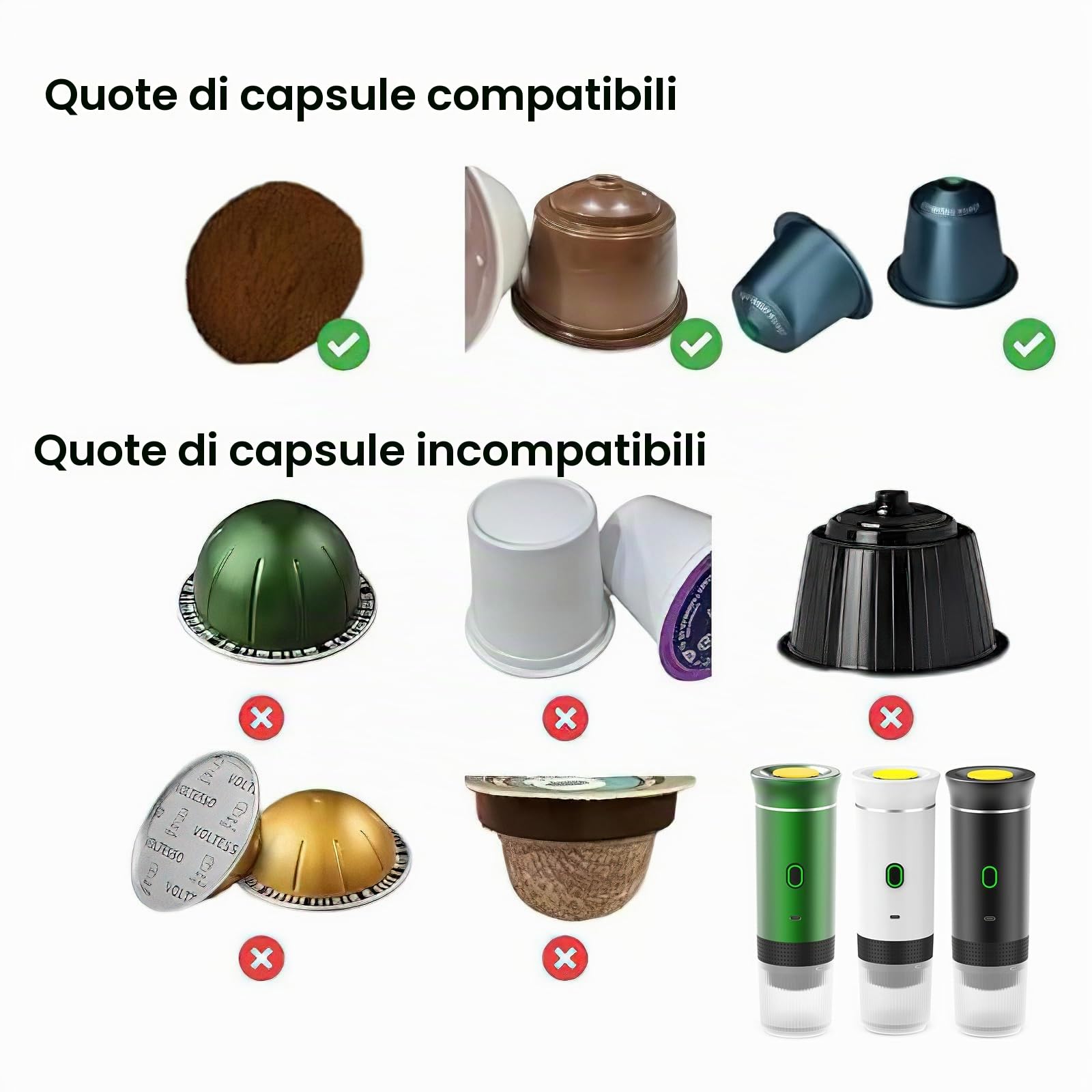 Kouamor Macchina per caffè espresso portatile, macchina per caffè espresso, macchina da caffè elettrica 3 in 1, capsula grande, piccola capsula, caffè in polvere, per campeggio, camper, ufficio, casa,