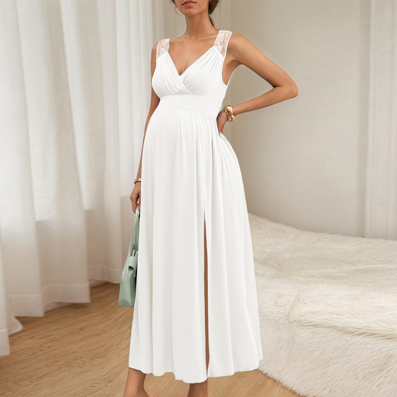 FUPODD Abendkleid Damen Lang Für Schwangere Maxikleid Elegant Spitze Umstandskleid Empire Festlich Kleid Hochzeitsgast Kleider Maxi Schwangerschaftskleid Mit Schlitz Ballkleid Ärmellos Umstandsmode