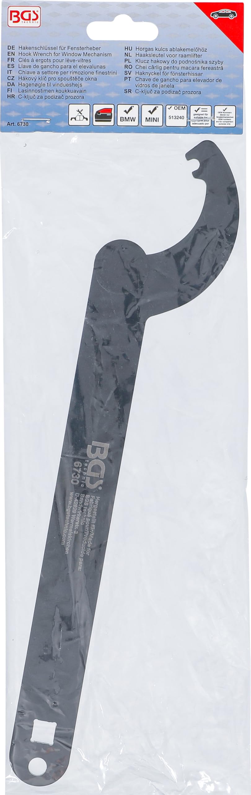 6730 BGS Haaksleutel voor raamlifter voor BMW E60, E81, E82 & MINI R50, R52, R53 - VDH Tools