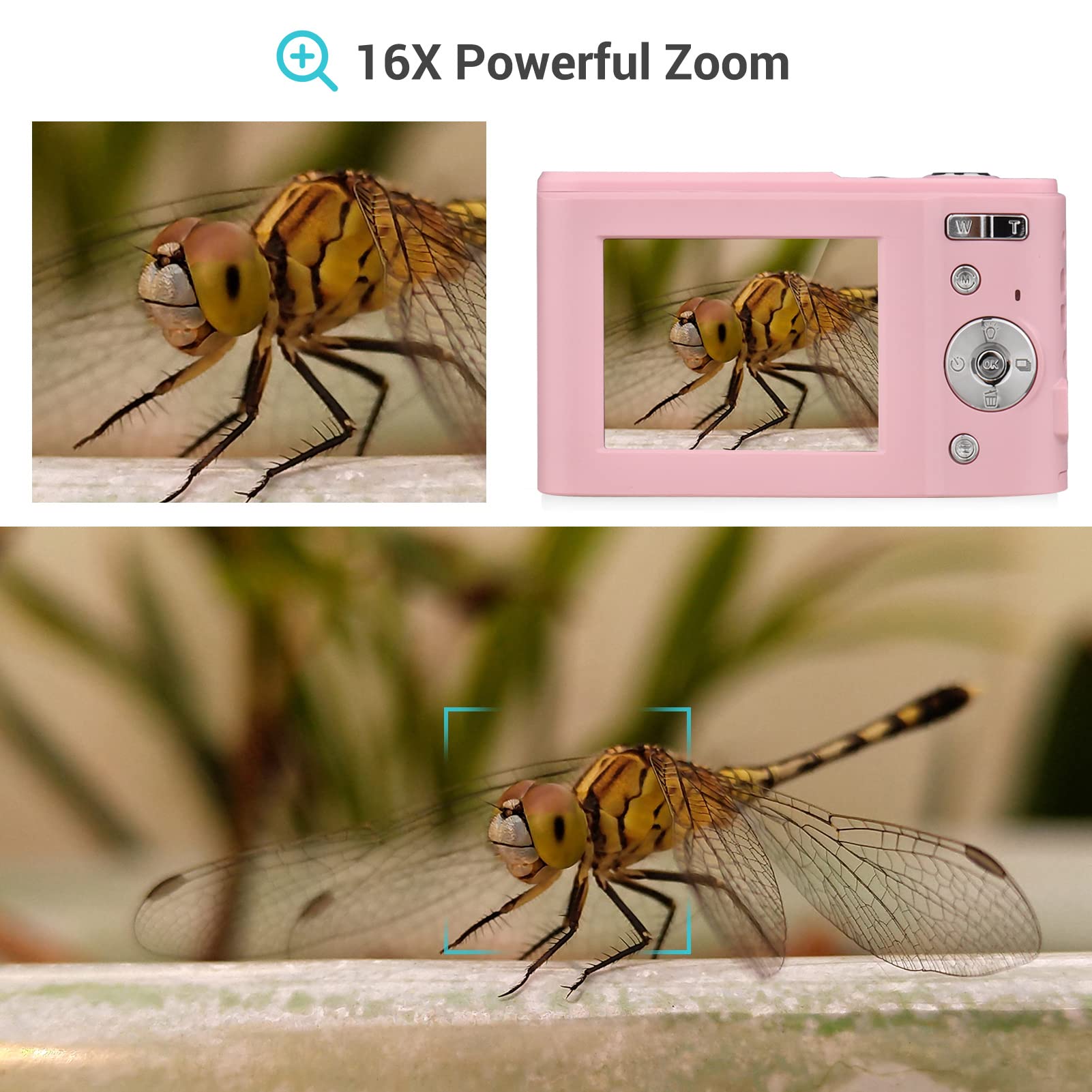 Andoer Aparat cyfrowy z autofokusem, 48 MP, 1080p, 2,4", aparat cyfrowy z 2 bateriami, pasek na rękę, torba do przenoszenia, dla dzieci, młodzieży, początkujących, studentów, różowy