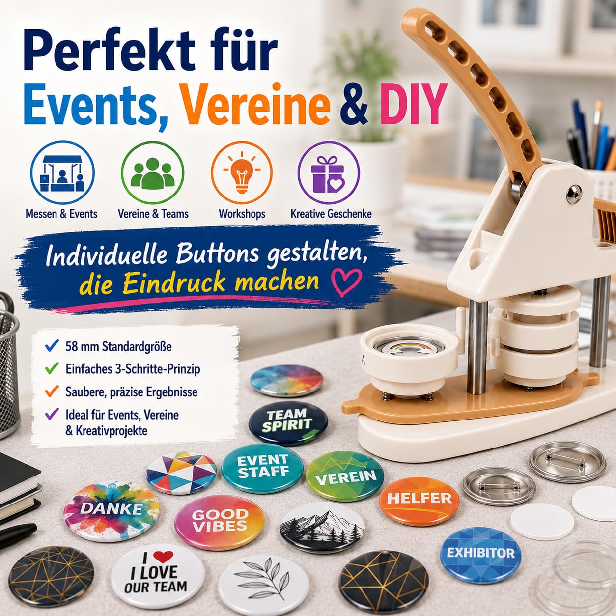 ButtonManufaktur Buttonmaschine 58 mm Set inkl. Material für 100 Buttons & Kreisschneider – Button Maker, Badge Maker und Buttonpresse für Anstecker, Pins, Vereine, Events & Workshops