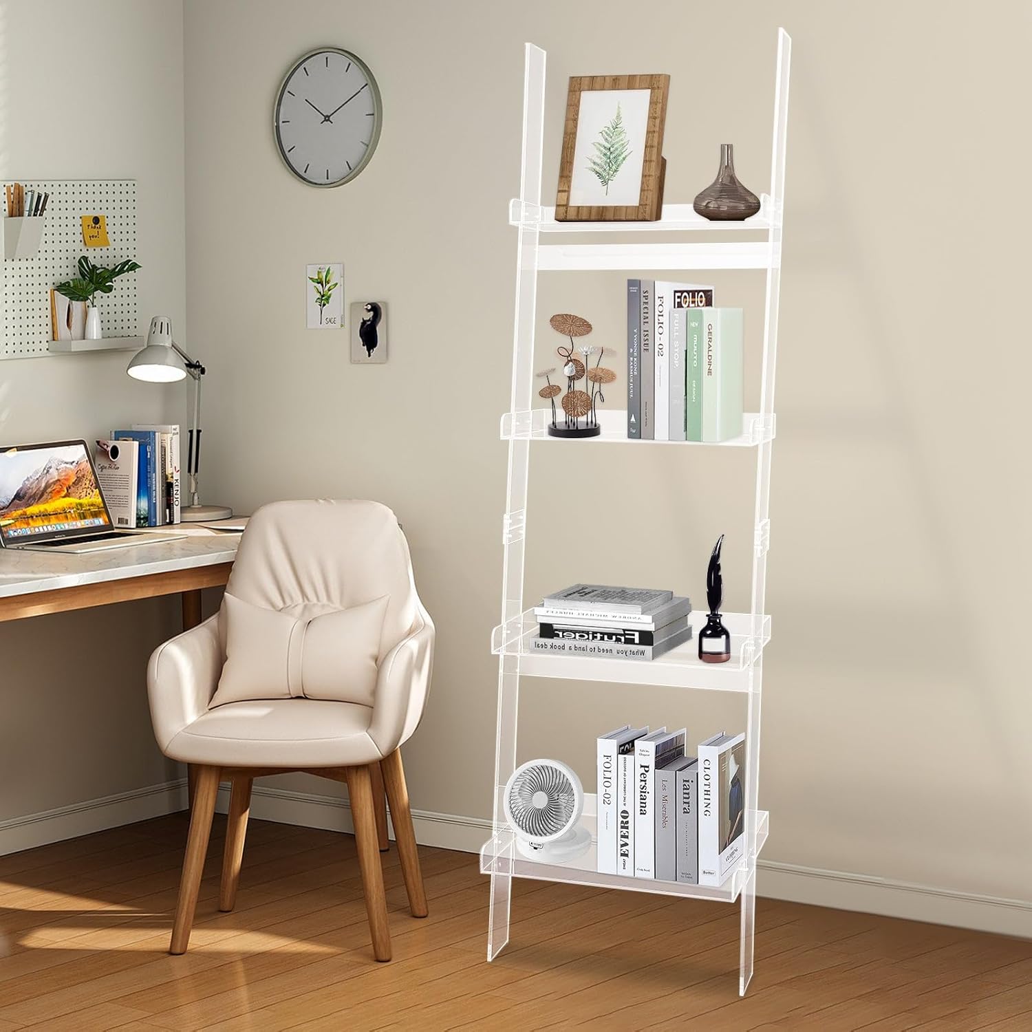 Ladder Bookshelf Acrylic Narrow Ladder Shelf 4-Tier Leaning Bookshelf for Study Office Kitchen Bedroom Tall Standing Book Shelf