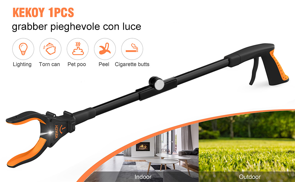 Pinza Racogli Oggetti Telescopica Con Luce - Prolunga Braccio 82 Cm, Testa Rotante E Magnete - Foto 7