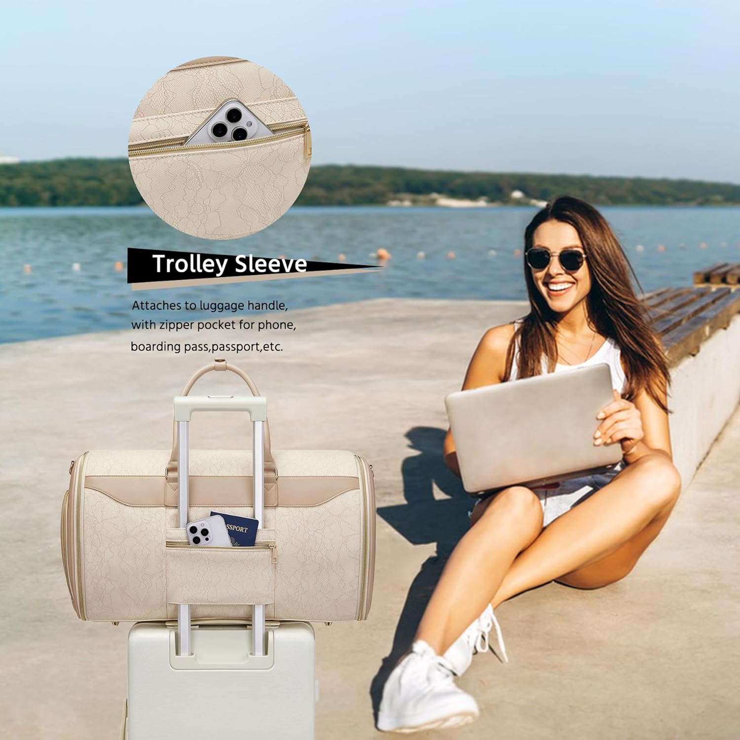 Garment Bags for Travel,45L Carry on Convertible Garment Duffle bag for Men Women - 3 in 1 Hanging Suit Travel Bag with Shoulder Strap (Beige brown) - Image 6