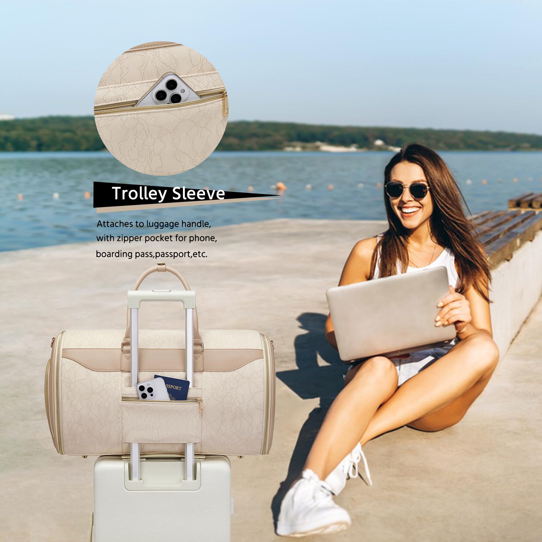 Lot de 3 Sacs à vêtements pour Voyage, Sac de Voyage Convertible en Cuir avec Trousse de Toilette, Sac de Transport imperméable avec Compartiment à Chaussures, Sac de Voyage 2 en 1 pour Femme, Beige