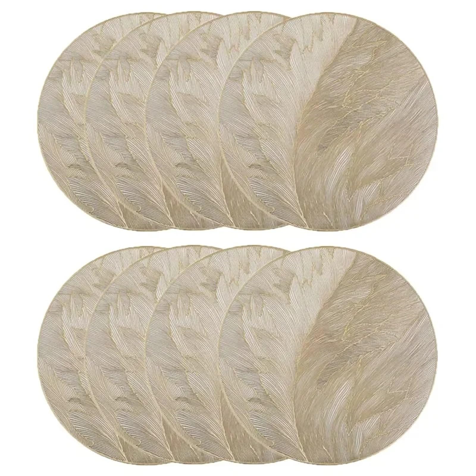 Manteles Individuales Manteles Individuales Redondos, manteles de Mesa Dorados Lavables prensados ​​con Plumas, Lugar Hoja Comedor for decoración for Fiesta Boda y Vacaciones(8PCS)