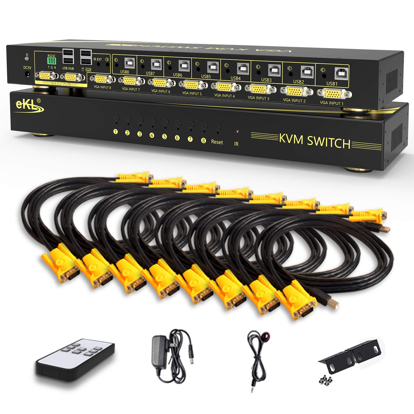 Huasion VGA KVM Auto Switch 8 Port in 2 Out Switcher 8x2 Supports Hotkey,Audio,Basic Wireless Keyboard and Mouse USB 2.0 Devices Sharing 8 Computers with Remote Control