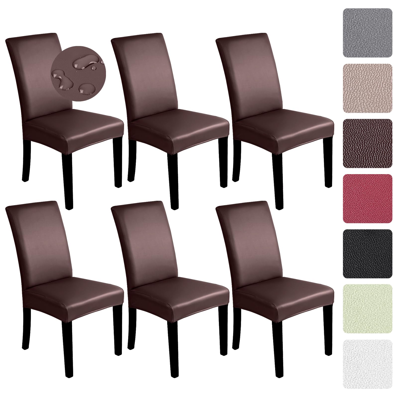 Alishomtll PU Chair Covers, Set of 4/6, Leather Stretch Chair Cover, Waterproof, Elastic Dining Room Chair Covers, Universal Washable Chairs Protection for Kitchen, Restaurant, Hotel, Wedding (Coffee,