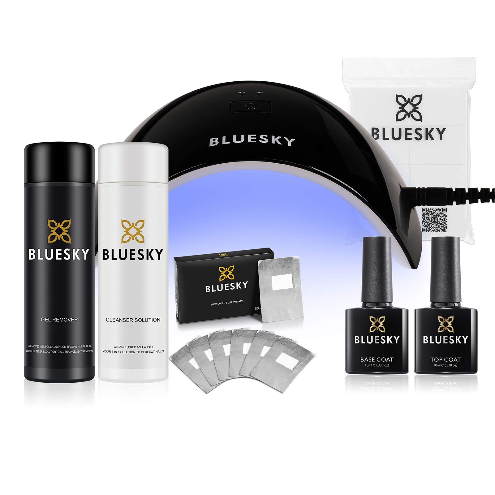 Bluesky Zestaw żelowych paznokci z lampą UV LED 24 W, zestaw lakierów żelowych i bazowych 10 ml, środek do czyszczenia i acetonu 100 ml, ściereczki bez kłaczków x 100, owijka foliowa x 50