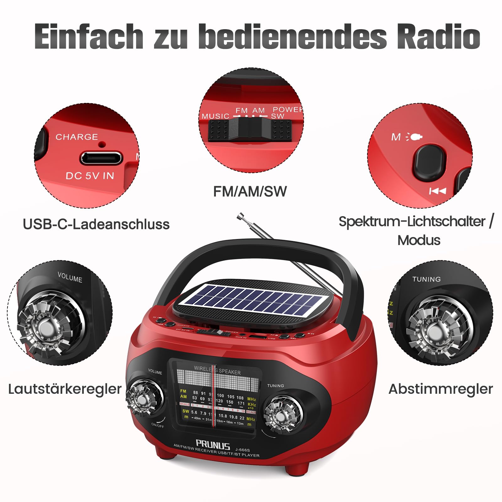 PRUNUS J-666 FM/AM/SW Retro Radio mit Bluetooth, Tragbares Radio mit 1800mAh Akku, Solar/USB-C Aufladbar, Küchenradio mit 15W-Lautsprecher, Satter Bass & Stereo-Sound, USB/TF/AUX Spielen.