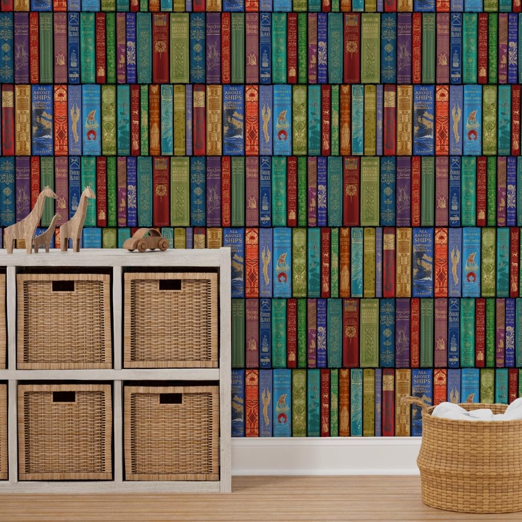 Removable Wallpaper 3ft x 2ft - Library Bright Books Shelves Antique Vintage English Rainbow Custom Pre-Pasted Wallpaper by Spoonflower