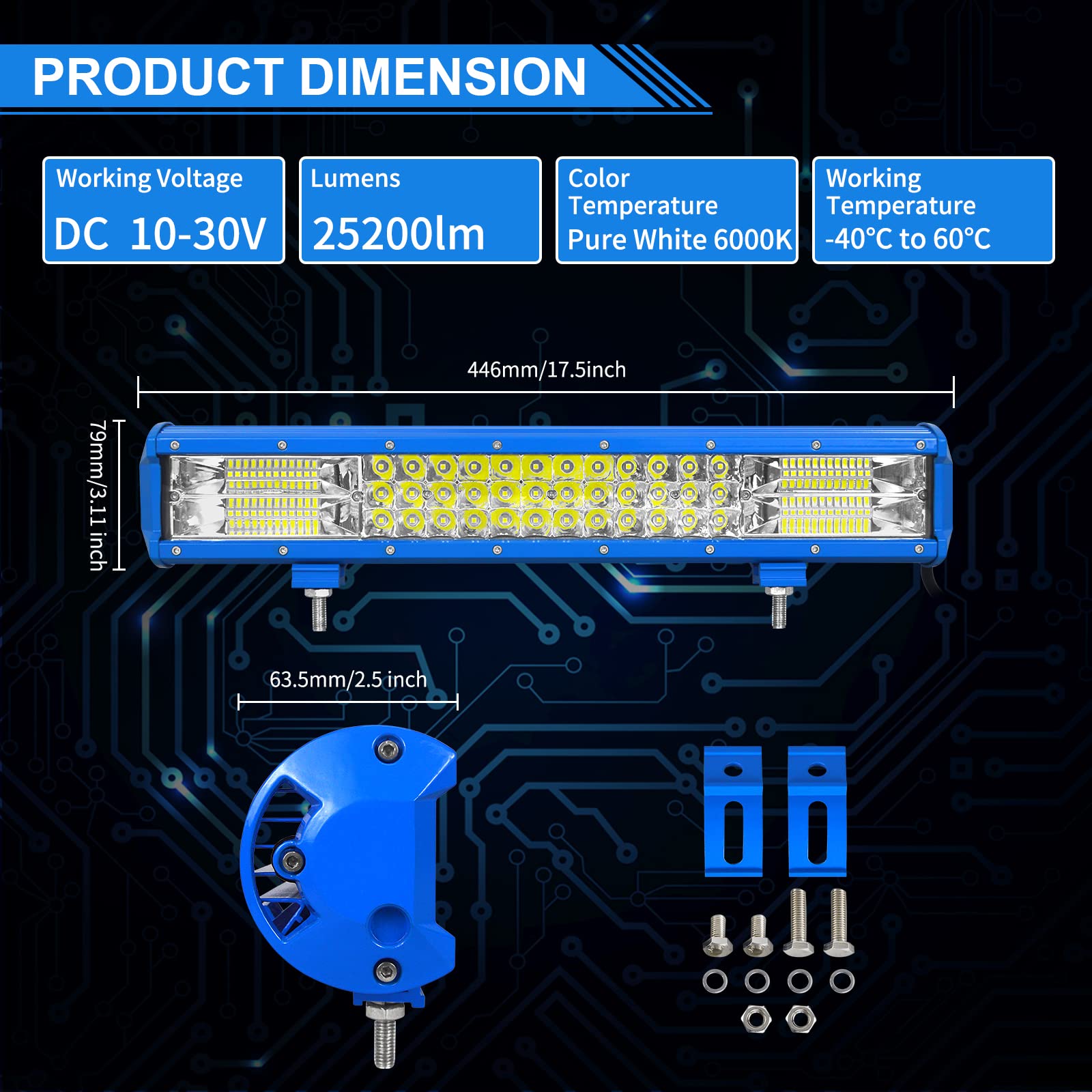 RIGIDON 17 cali 45 cm 252 W niebieska listwa Led 4x4, potrójny rząd 12 V 24 V listwa oświetleniowa led, listwa świetlna led do pojazdów offroad samochodów ciężarowych SUV ATV, 6000K białe światło