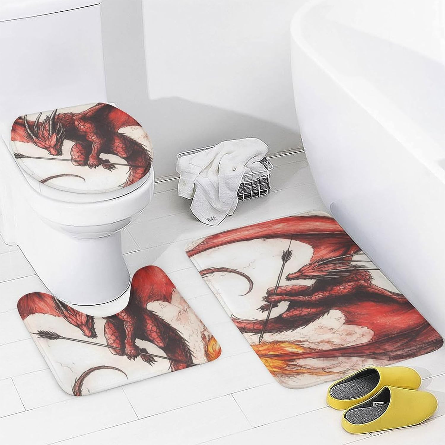 Dragon Flames Arrow Bathroom Sets with Shower Curtain and Rugs 4 Piece with U-Shaped Floor Mat Toilet Lid Cover