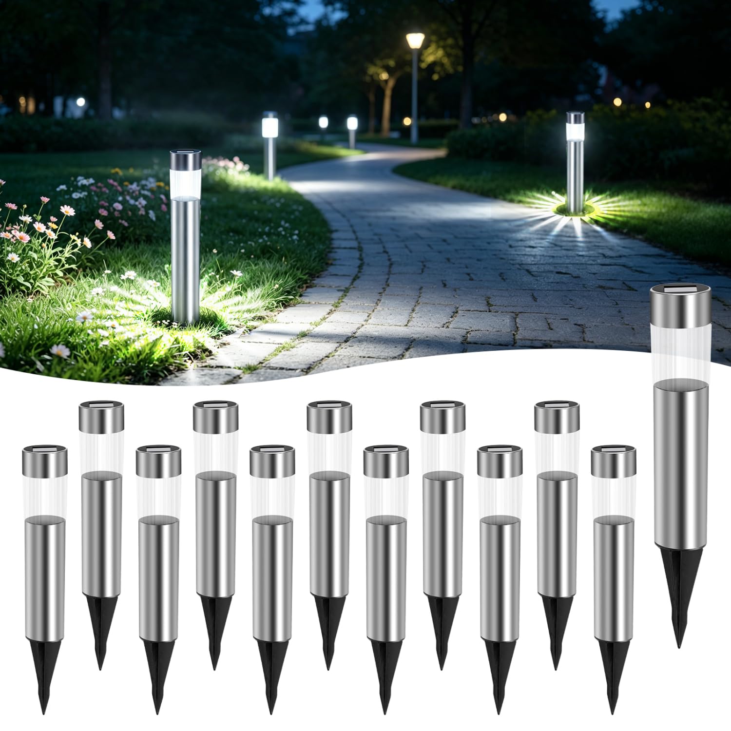 Aigostar 12Uds Luces Solares Jardin Pincho, Acero Inoxidable, IP44, Luz Fría 6500K, Luz Solar Exterior Jardin para Terraza Césped Patio Pasillo H31.5cm