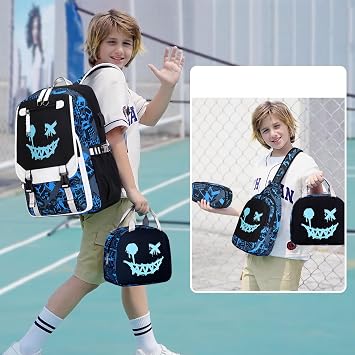 Bevalsa Backpack for Boys, Cool Luminous Boys Backpack with Sling Bag, Lunch Box & Pen Case, School Bags for Kids Children Teens Elementary Middle Schools, Bookbag Glow In The Dark (Smile)