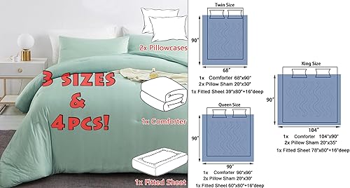 Miniatura 4 de Juego de edredón verde tamaño Queen, juego de cama súper suave de 4 piezas con 1 edredón de malvavisco, 2 fundas de almohada y 1 sábana bajera,
