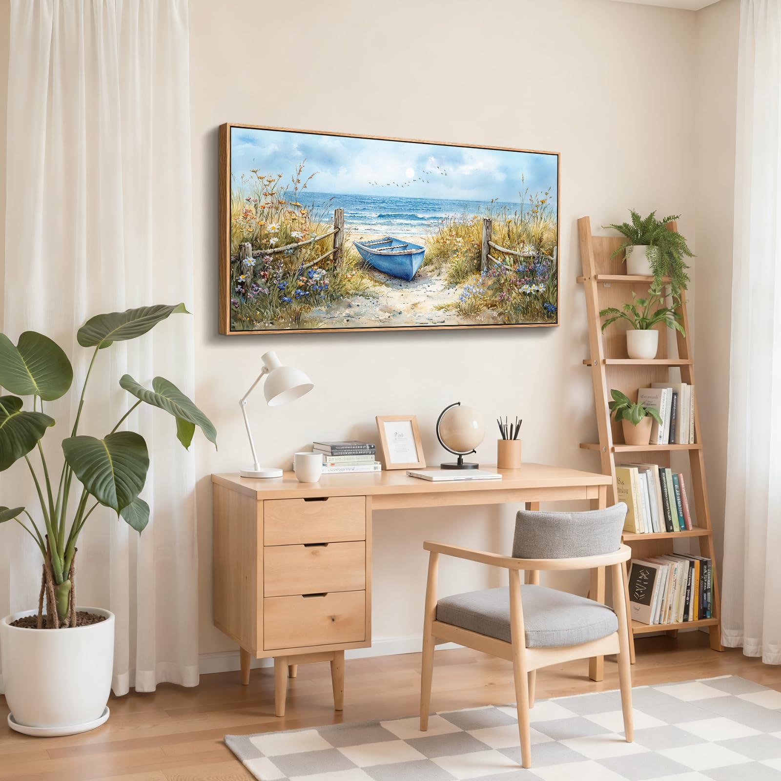JHHUAMO Strandboot Bilder mit Rahmen Schlafzimmer Wohnzimmer 73x146 cm | Küstenwildblumen Wandbild, Hochauflösender Druck, Exquisite Handwerkskunst, Einfaches Aufhängen, Vielseitig Einsetzbar