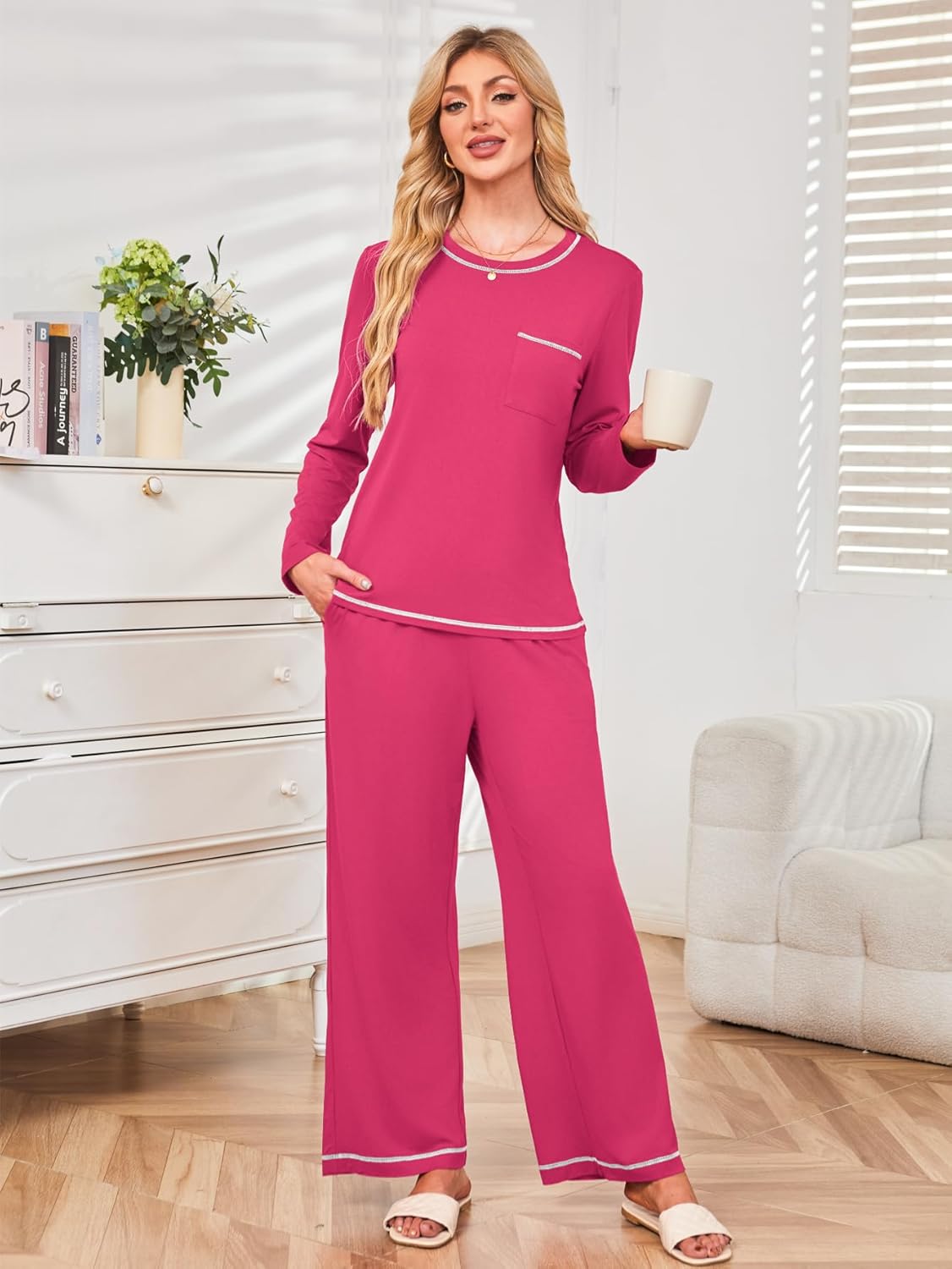 Besshopie Womens Pajamas Sets 2 Piece PJS Crewneck Long Sleeve Sleepwear Comfy Pants Lounge Set with Pockets - Image 9