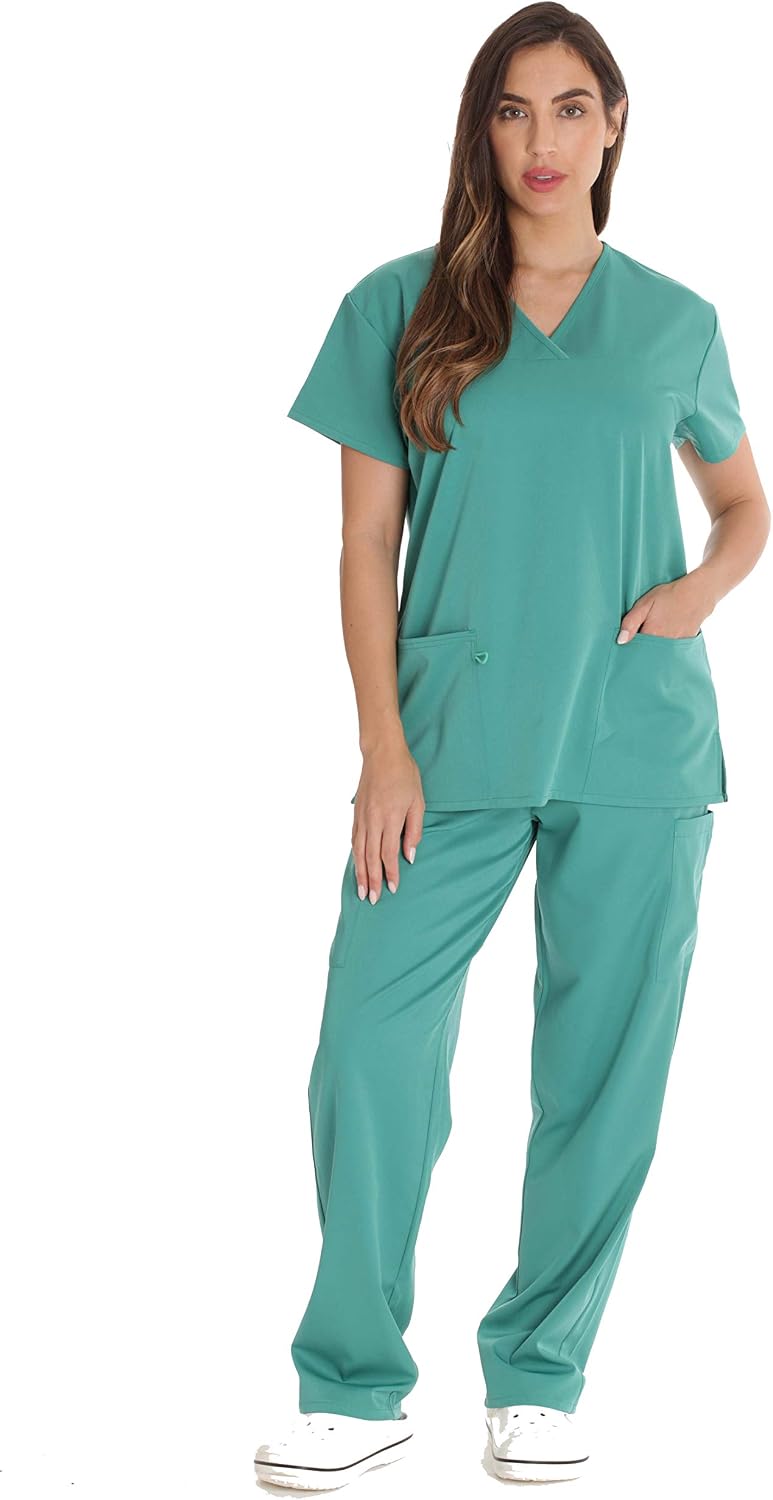 Just Love Solid Stretch Scrub Set for Women Stretchy Mock Wrap Top and Cargo Pants