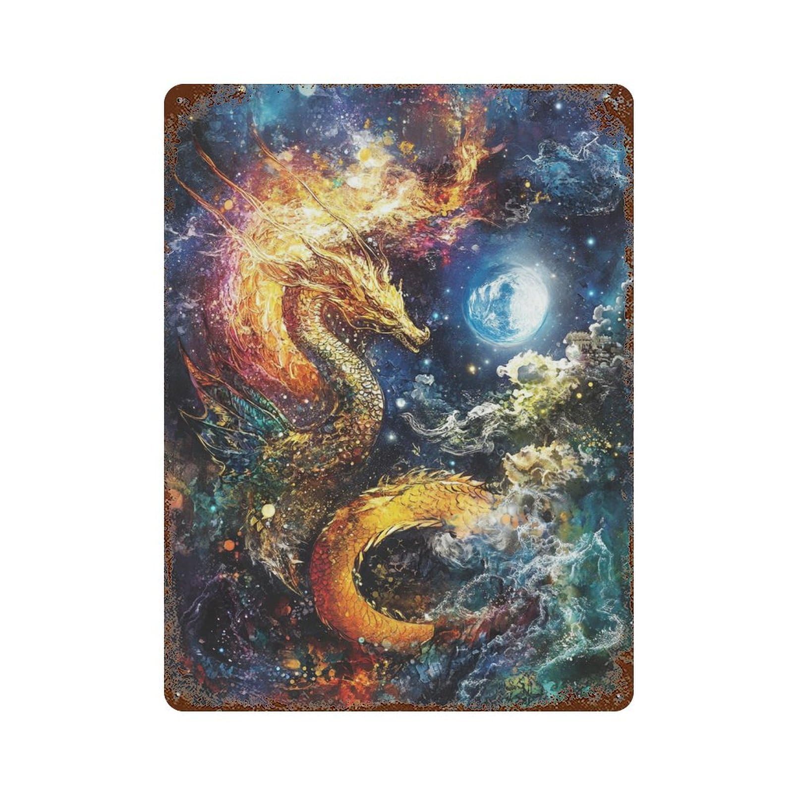 Garage Style Galactic Dragon Art Print -1 Distressed Metal Wall Sign 15.7"x11.8", Retro Wall Decor for Bar And Workshop