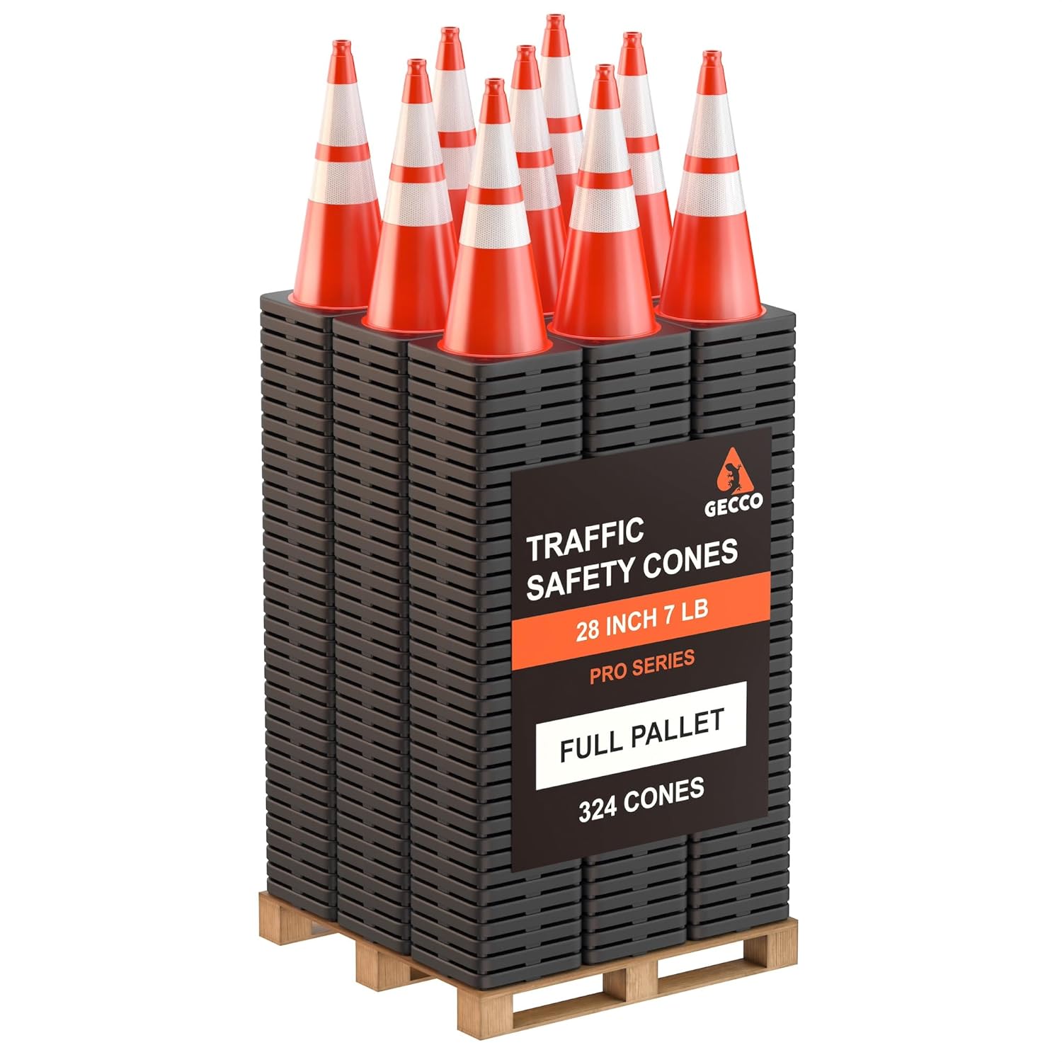 GECCO ™ (6 Pack) 28 Inch 7 Lb Heavy Duty Orange Traffic Cones Set | Durable Safety Cones, Orange Cones, Parking Cones, Construction Cones, Road Cones | PVC Plastic & Black Base - [PRO Series]