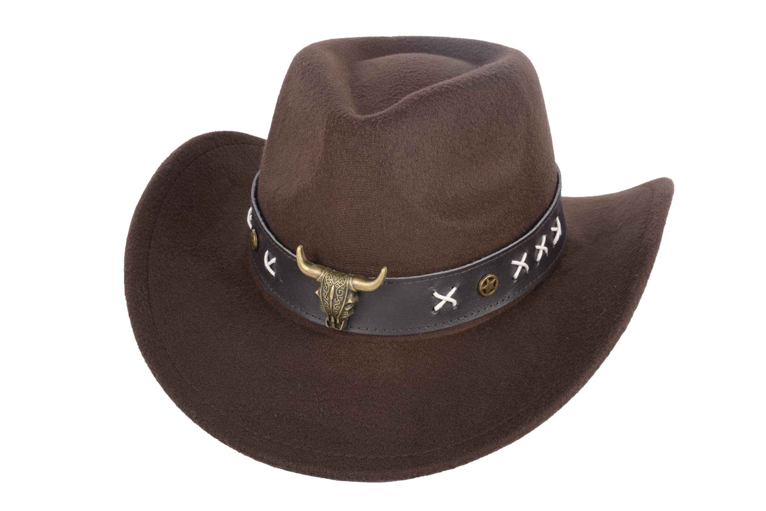 Sombrero de vaquero vintage occidental con banda de cuero para la cabeza de toro, fieltro de lana, ala ancha, elegante sombrero de vaquero para hombres y mujeres, elegante, transpirable, protección