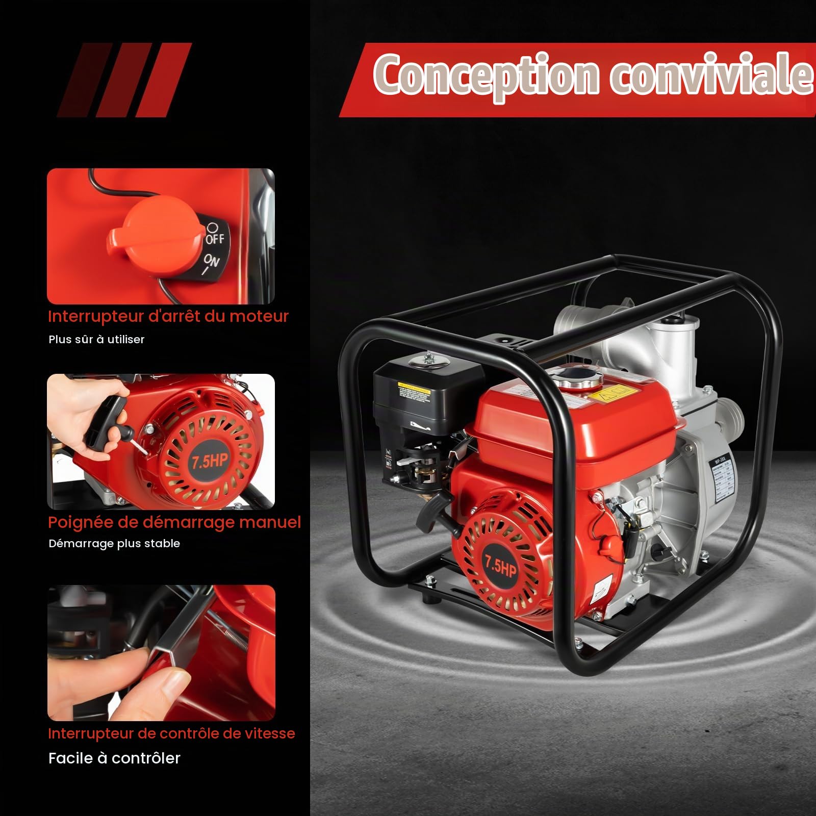 7,5 CV Pompe à Eau Thermique 4 Temps Eaux Usées Motopompe Essence | 60 m³/h, Hauteur de Refoulement 28 m, Raccord 76 mm (3"), pour Drainage, Irrigation, Lavage et Arrosage