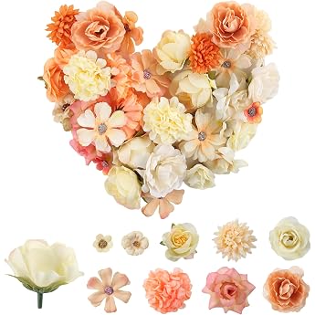 Pack of 40 Artificial Flowers for Crafts Artificial Flowers with 10 Styles 2-5 cm Mini Plastic Roses Artificial Flowers Fake Flower Heads Set for Wedding DIY Crafts Scrapbooking Decorative Artificial Orange