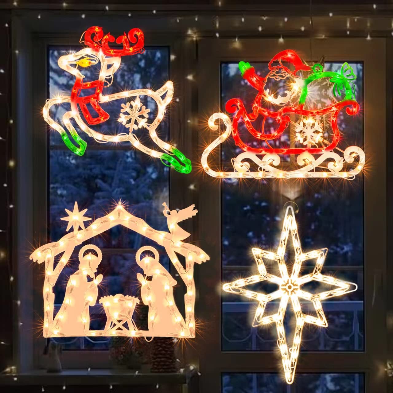 4 Stück 40,6 cm Weihnachts-Fenster-Silhouette-Lichter, Dekoration, 50 l Weihnachts-Skulptur, einschließlich: 1 x Hirsch, 1 x Weihnachtsmann und Schlitten, 1 x Krippen, 1 x Bethlehem-Stern