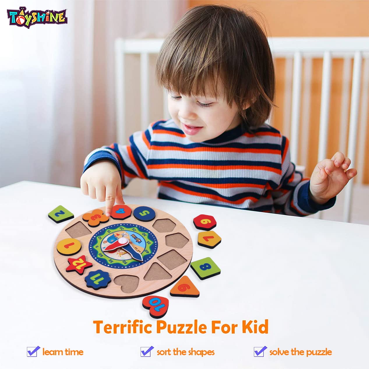 Toyshine Wooden Learning Clock, Educational Digital Analog Numbers, Shape & Color Learning Montessori Toy for Kids- Multi Color - Image 2 thumbnail
