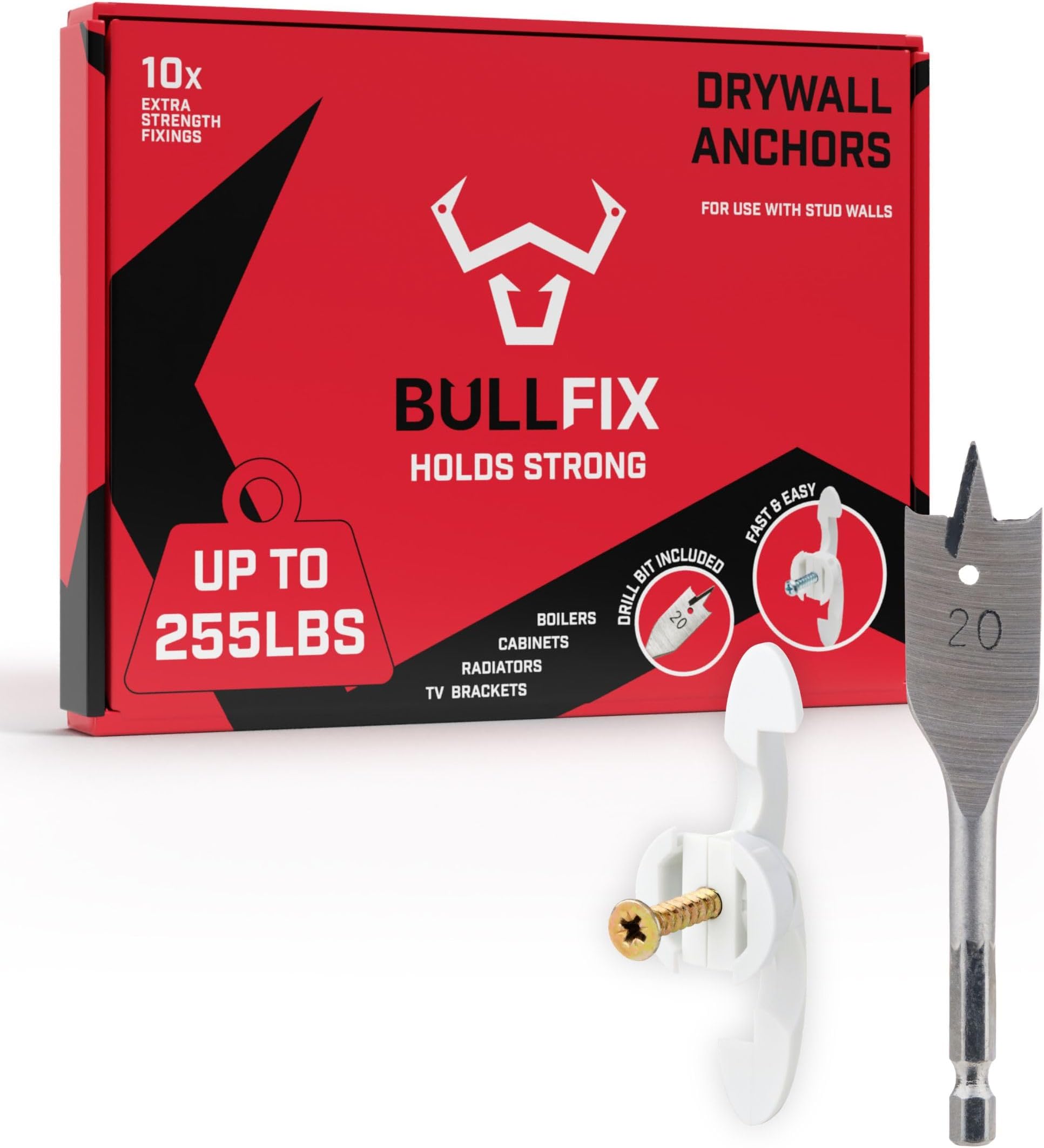 Bullfix Extra Plasterboard Fixings Heavy Duty Pack - Drywall Anchor for Insulated Plasterboard, Stud & Hollow Cavity Wall Anchor Kit with Screws, Holds up to 133kg, 20mm Drill Bit - Starter 10 Pack