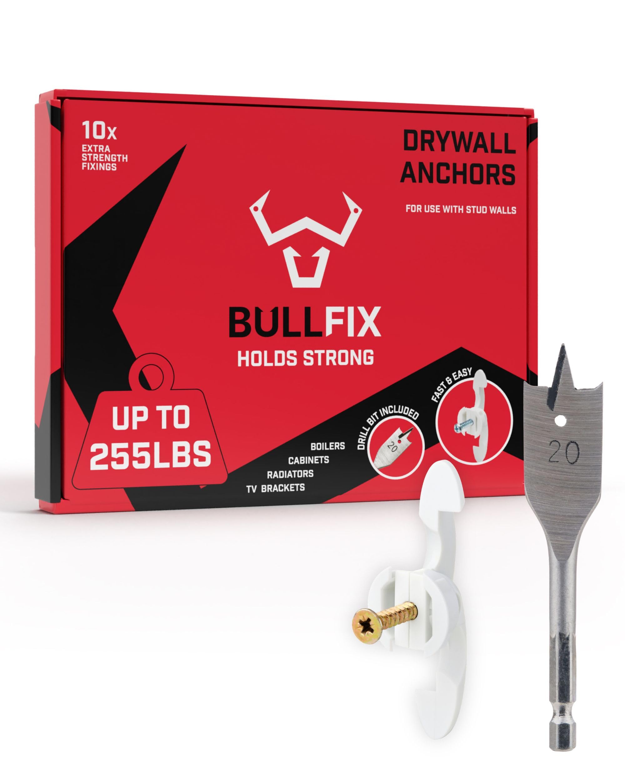 Bullfix Extra Plasterboard Fixings Heavy Duty Pack - Drywall Anchor for Insulated Plasterboard, Stud & Hollow Cavity Wall Anchor Kit with Screws, Holds up to 133kg, 20mm Drill Bit - Starter 10 Pack