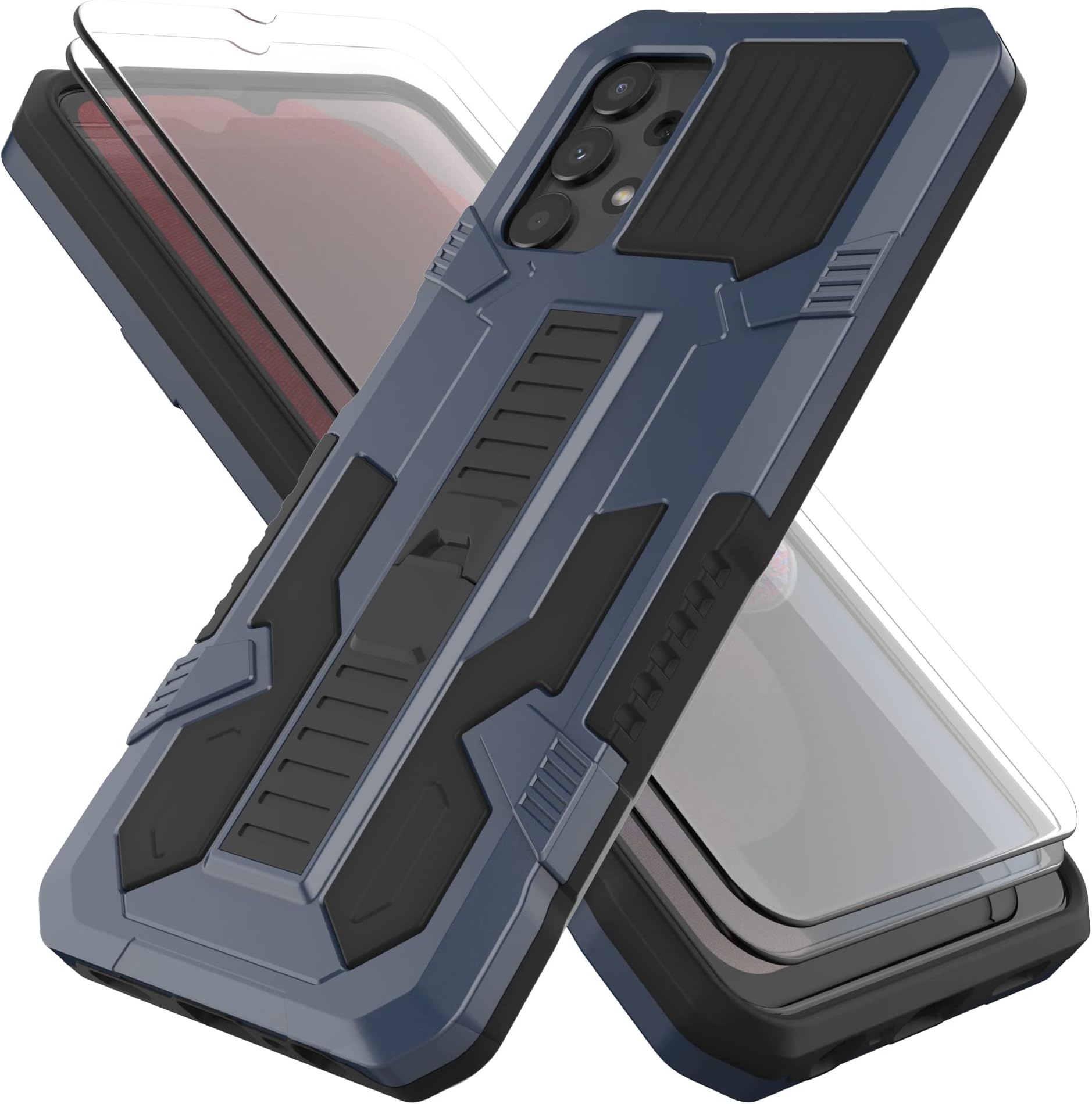 HTDELECMobile Phone Case Compatible with Samsung Galaxy A13 Case and Pack of 2 Screen Protectors, Bumper Stand Armour Case Cover - Blue