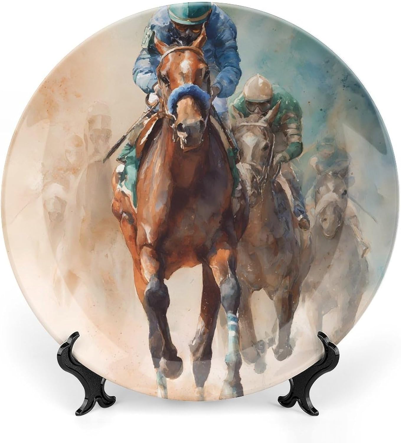 Watercolor Horse Racing Decorative Plates for Display Ceramic Plate Tray with Stand Hanger Home Decor