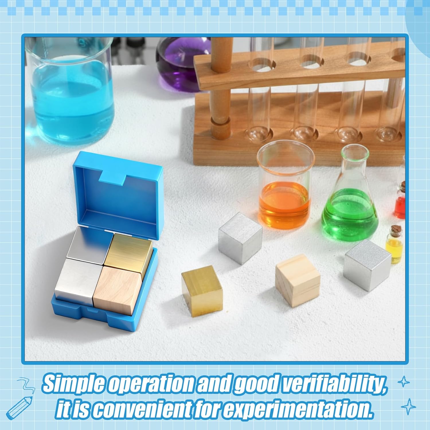 4 Pcs Density Cubes Set Copper, Iron, Aluminum and Wood, Density Metal Block 20mm/0.78 Inch Cube for Physics Science, Education Experiments, Teaching Tools, and Homeschool Learning Kits