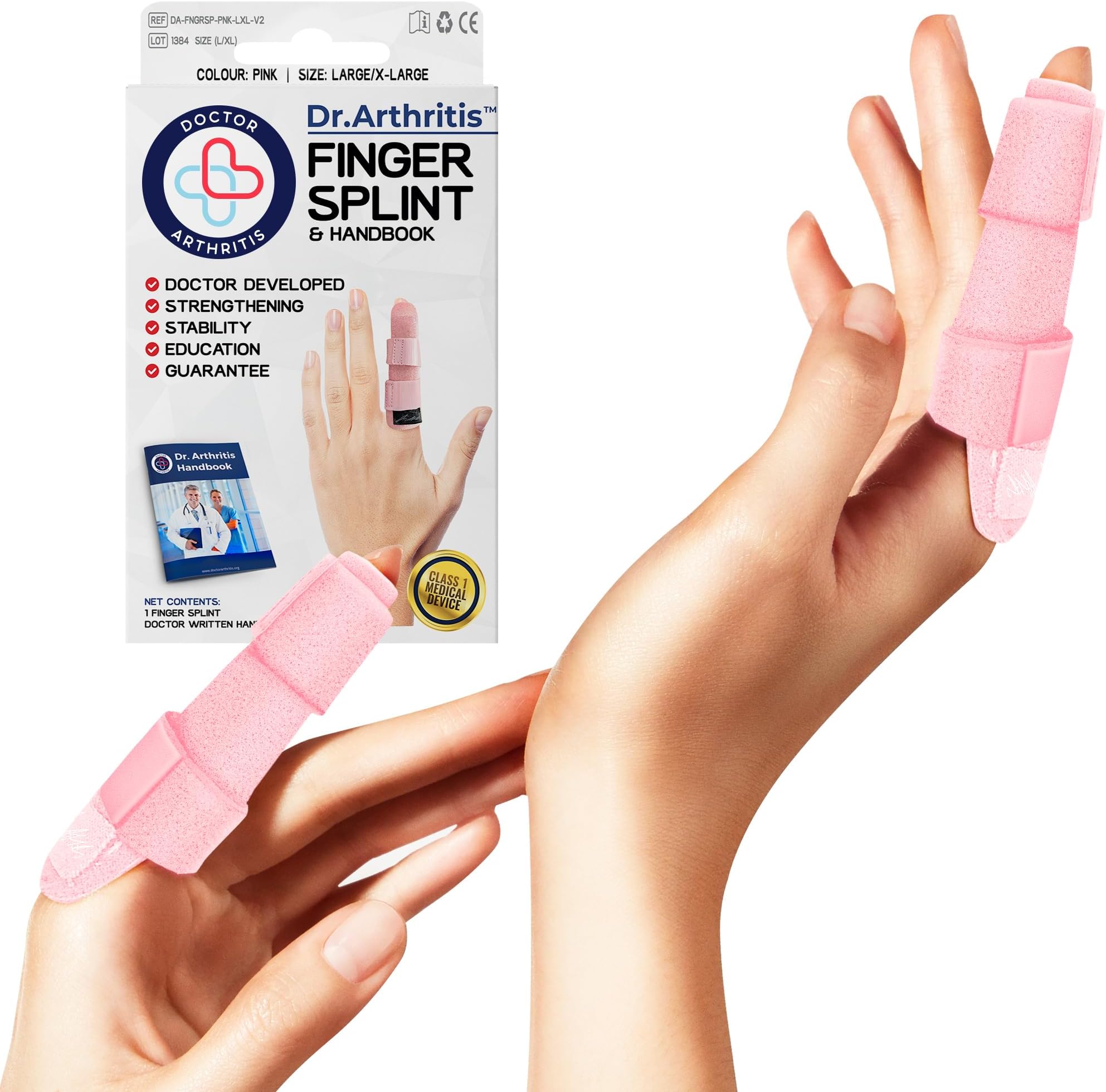 Dr. Arthritis Doctor Developed Finger Splint Trigger Finger Brace - Braces, Splints & Supports Index, Middle, Ring & Pinky Finger - Padded Finger Splints (Pink, L/XL, 2 Pack)