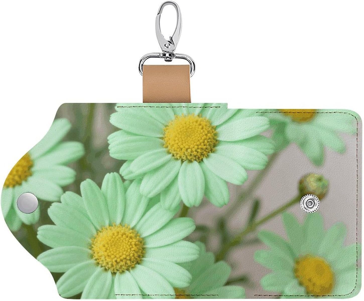 Daisy Pastel Green Key Pouch, PU Leather Key Holder, Personalized Snap Closure Key Bag with Card Slot & Coin Pocket, Portable Key Organizer for Car Keys House Keys, Men Women