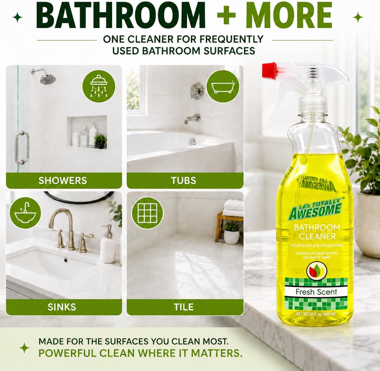 La's Totally Awesome Bathroom Cleaner Spray for Showers, Tubs, Sinks & Tile, Removes Soap Scum, Grime & Stubborn Stains, Fresh Scent, 32 Fl Oz, Pack of 3