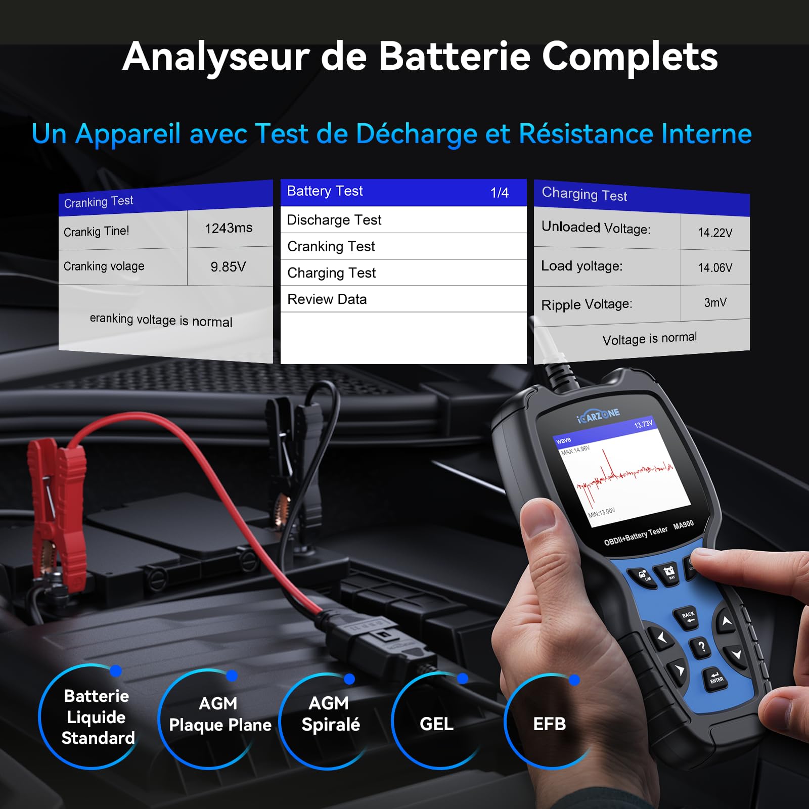 MA900 Testeur de Batterie Voiture + Outil de Diagnostic OBD2, avec Test de Décharge, Test de Démarrage, Test de Charge, Lecture OBFCM/Codes/Données Temps Réel,pour Voitures et Motos-12V/24V