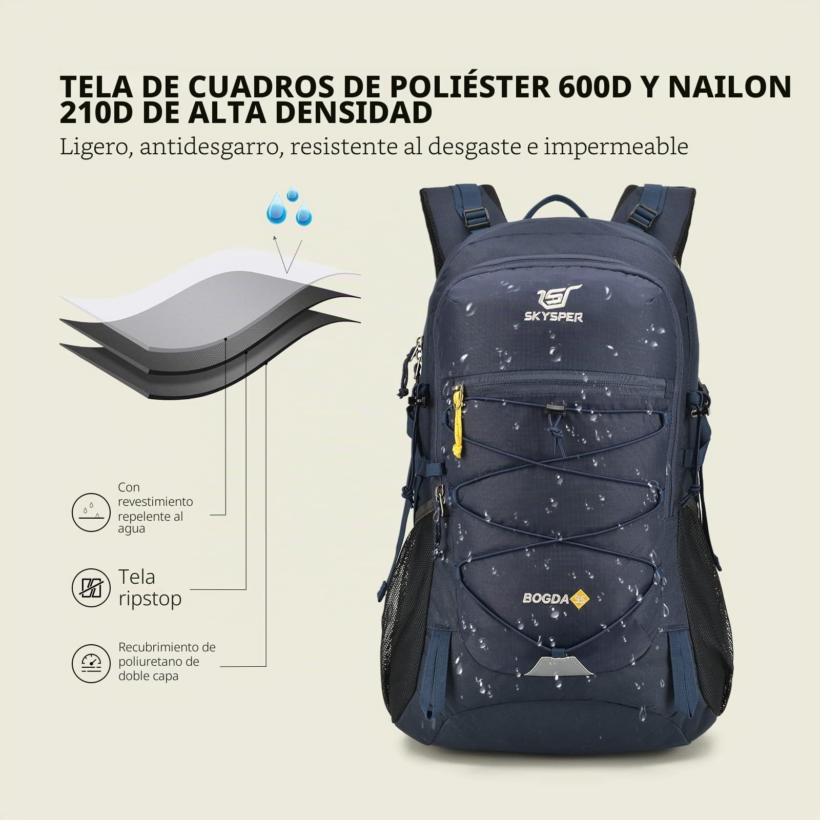 SKYSPER Mochila de Senderismo 35L Impermeable Trekking Hombre Mujer Viajes Acampada Montaña