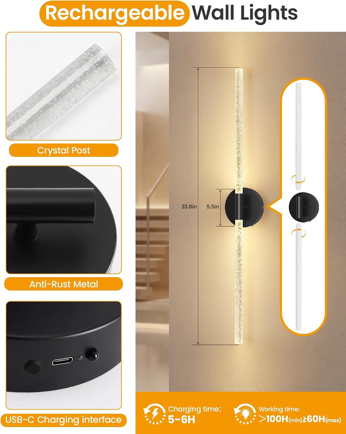 NIORSUN Crystal-Inspired Bubble Battery Operated Wall Sconce Set of 2, 10000mAh 3 Color Temps Rechargeable Wall Lights with Remote, Dimmable Wireless Wall Lamp for Living Room Bedroom