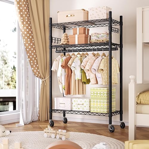Vista 22 de Perchero de ropa resistente con ruedas, estantes de alambre ajustables para colgar ropa con colgador y cesta doble, armario de metal independiente