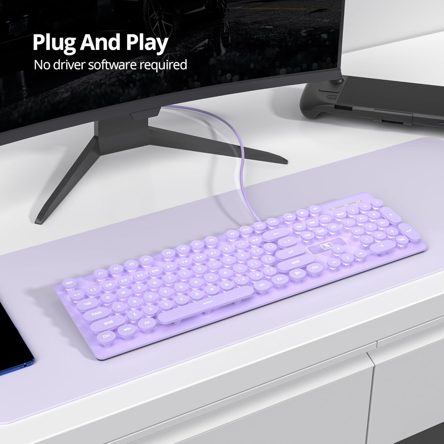 Wired Retro Computer Keyboard, Quiet Typewriter Keyboard, Purple Cute Keyboards Light up with Round Keycaps, LED Backlit,104-key for PC, Laptop(Purple)