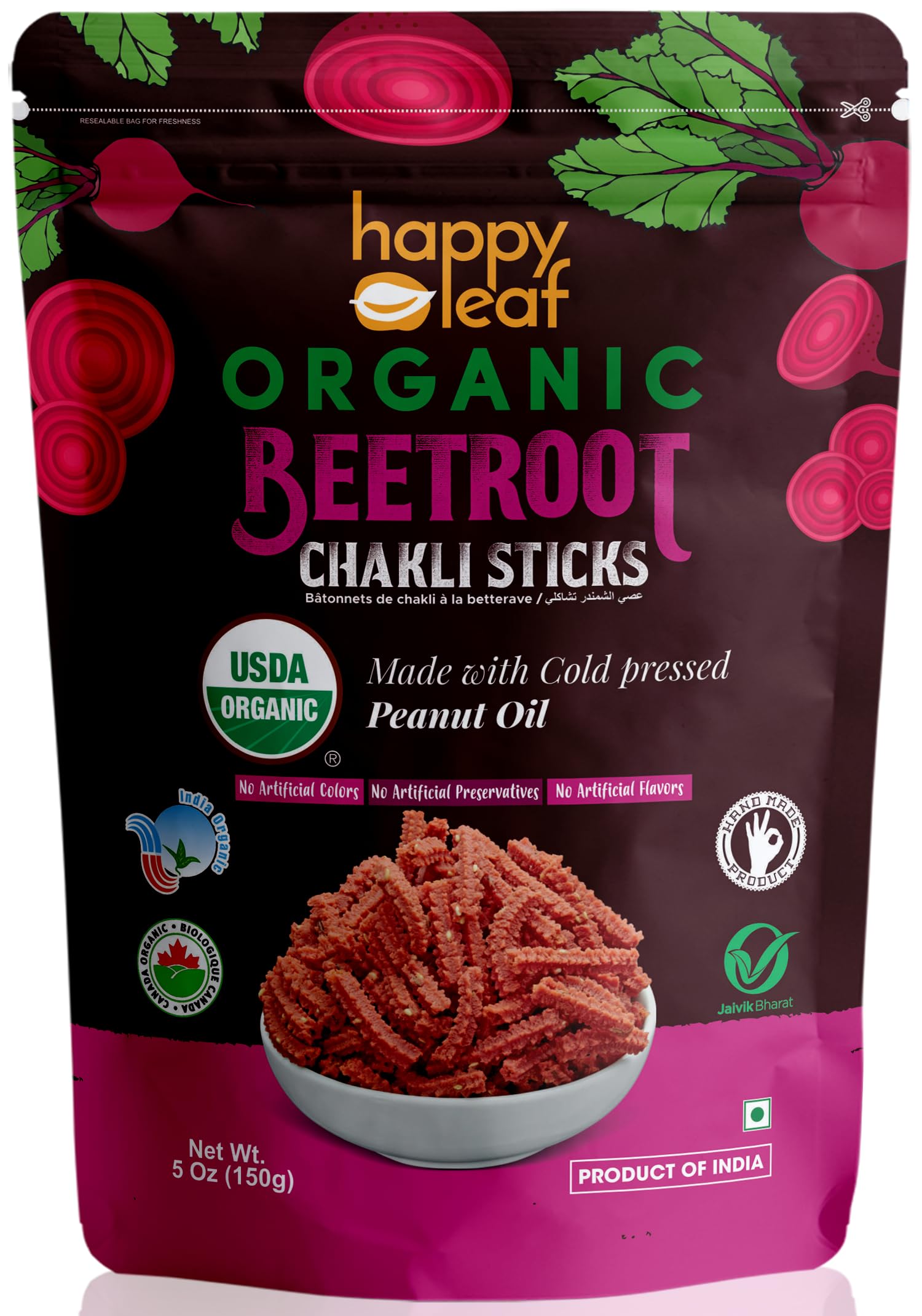 Happy Leaf Organic Beetroot Murukku | USDA Organic South Indian Snack | Crunchy & Non-Greasy | Made with Cold-Pressed Peanut Oil | No Palm Oil, Preservatives or Additives | Clean Label - Pack Of 2-image-46